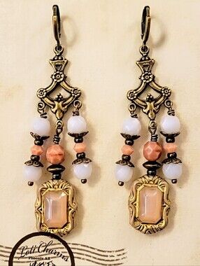 Victorian Rustic Cottagecore Pink Glass Chandelier Earrings In Brass